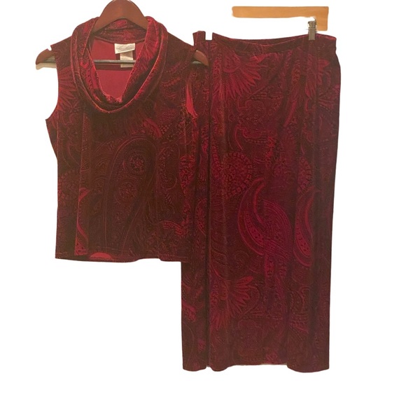 Vintage Kathie Lee Red Black Velvet Velour Maxi Skirt Cowl Neck Top L Holiday - Picture 3 of 11